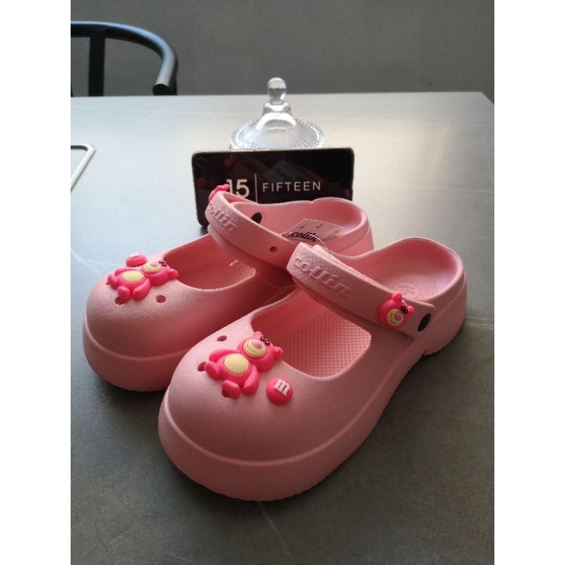 15 ONLINE SHOP Sepatu Sendal Mary Jane Jelly Sandal Jalan Wanita Jibbitz PINK BEAR 7818