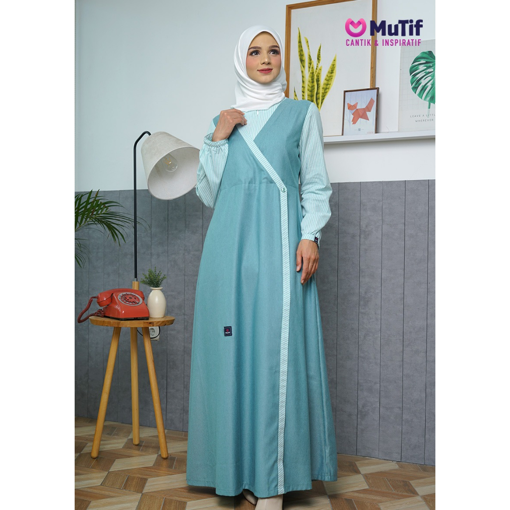 Gamis dewasa remaja Diana Mutif - hijau tua hijau muda polos kombinasi garis garis - casual kimono c