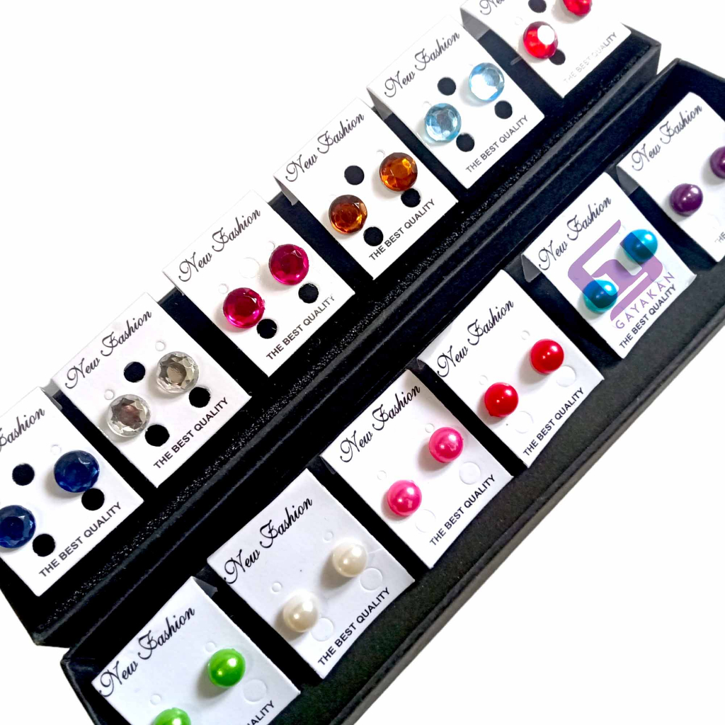 1 Lusin Sepasang (12 Set) Anting Tusuk Plastik Mote Mutiara Multiwarna