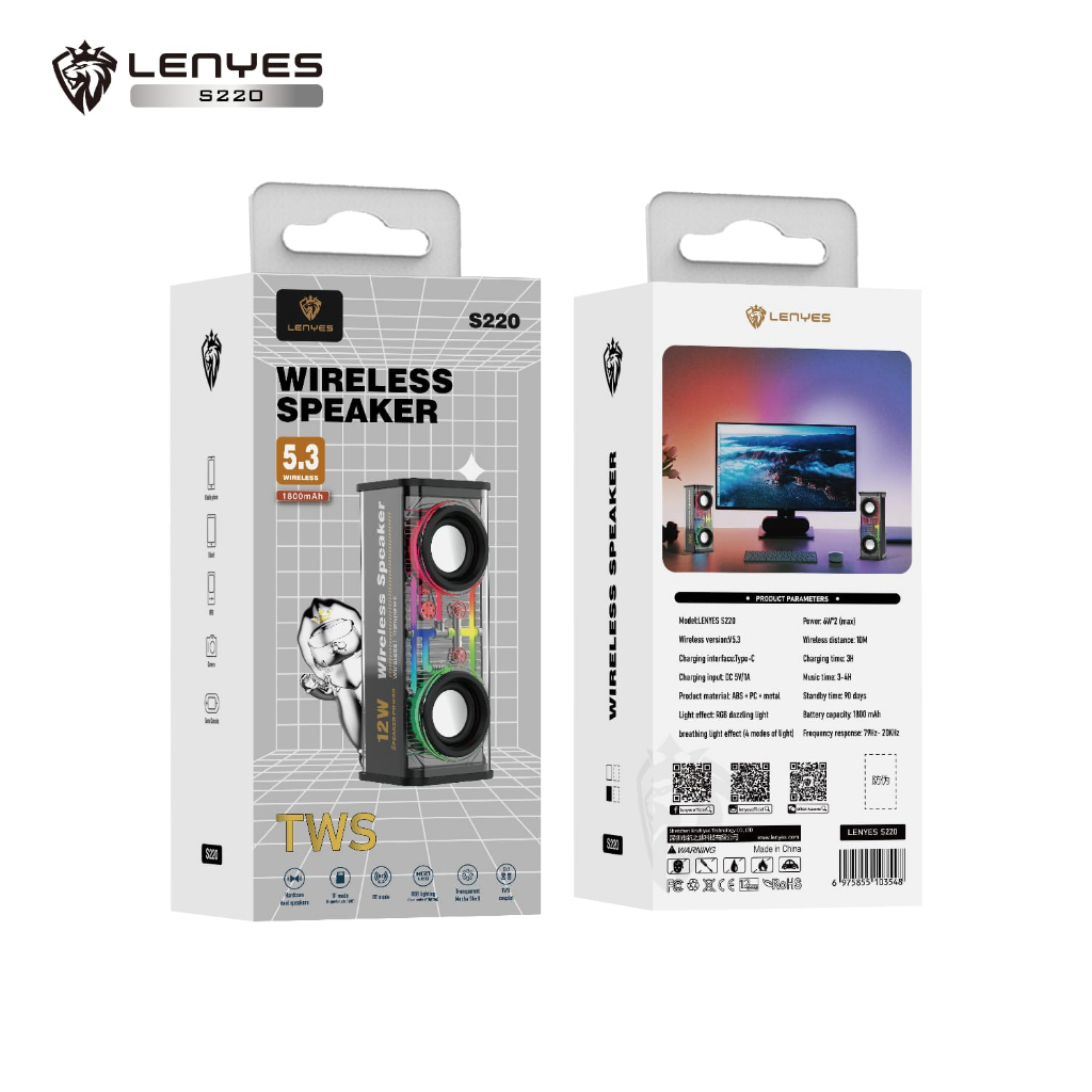 LENYES  Speaker S220 12W Mini Transparan Wireless 5.3  Spiker Transparant RGB LED Light TWS Portable