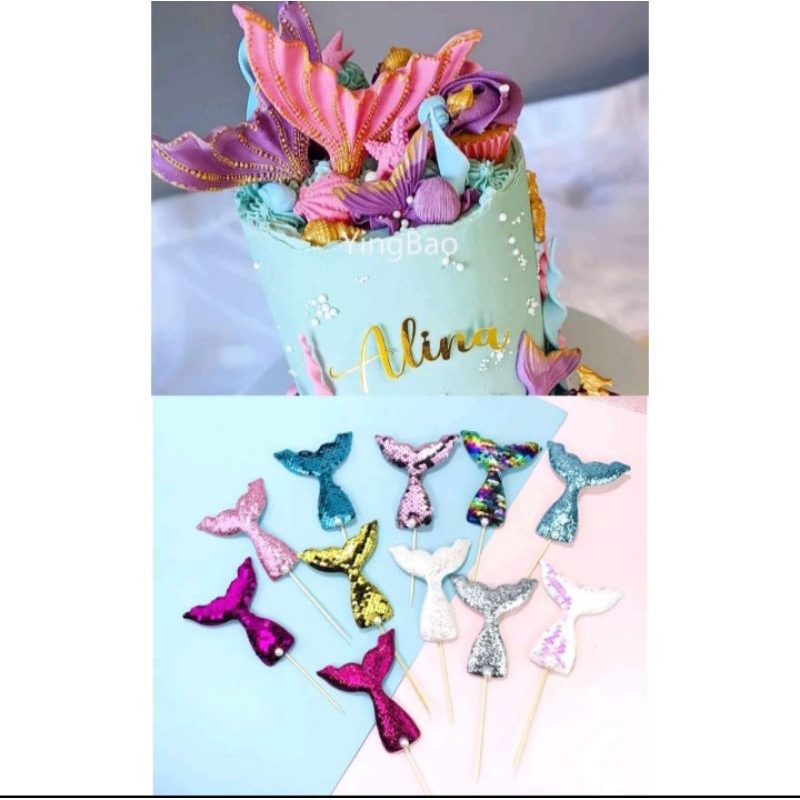 [Whispers] Topper Ekor mermaid, Hiasan kue Ekor mermaid Tail Manik kilap
