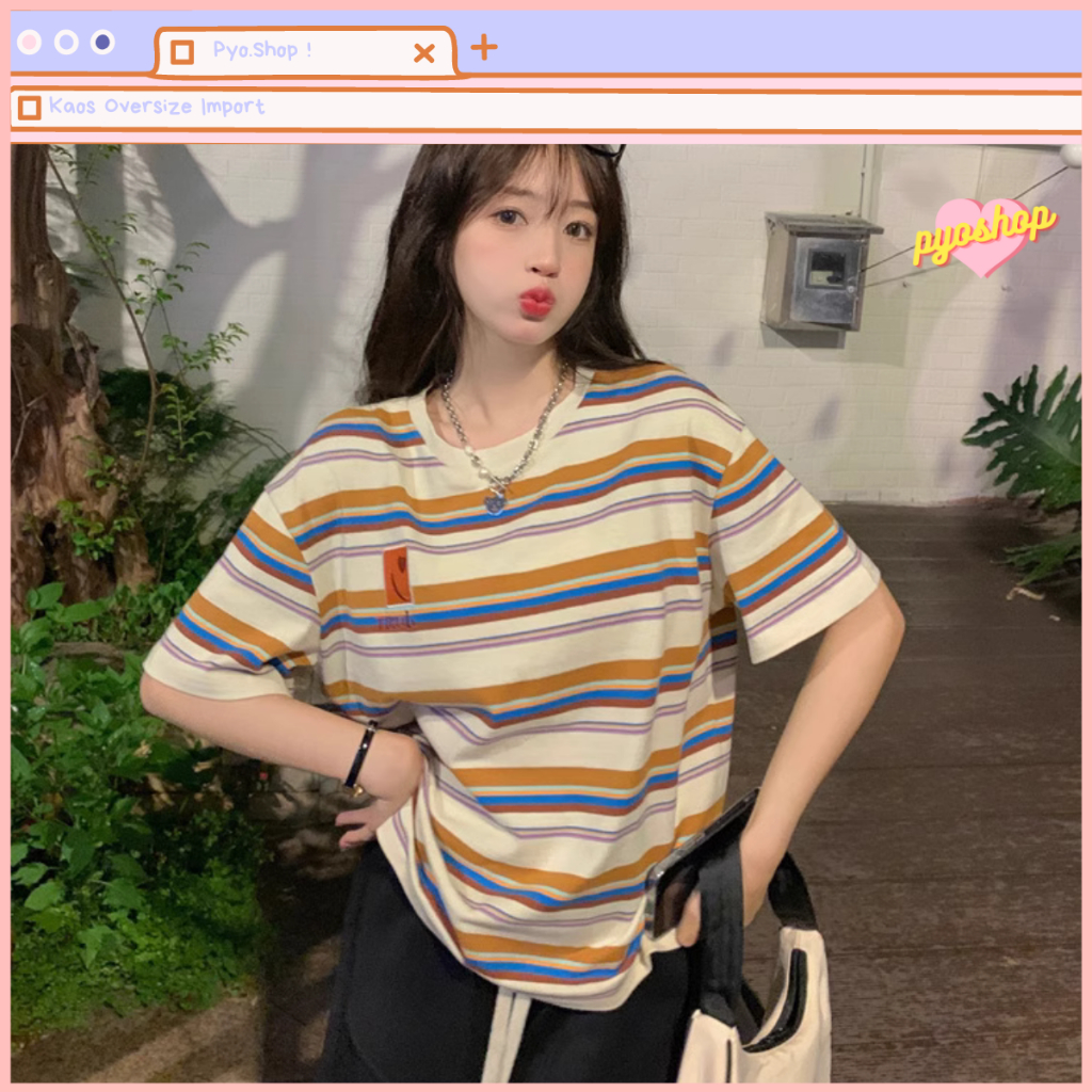 Kaos Garis-Garis Import Oversized Wanita Bordir