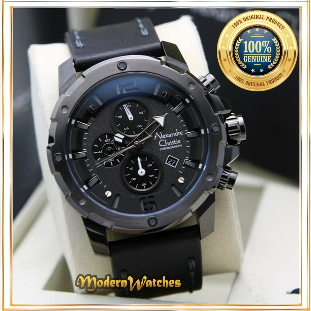 Jam Tangan Pria Alexandre Christie AC 6410 Hitam Grey Black Tali Kulit Terlaris Best Seller Sporty