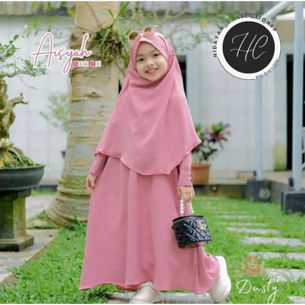 Aisyah Set FK KIDS Gamis Syar'i Anak Polos Umur 6-9 Tahun Terbaru 2023 Gamis Lebaran Baju Fashion Muslim Anak perempuan set Kerudung Gamis Muslimah Anak Gamis Anak Bahan Crinkle Airflow Dress Anak IMUT Tend Kekinian