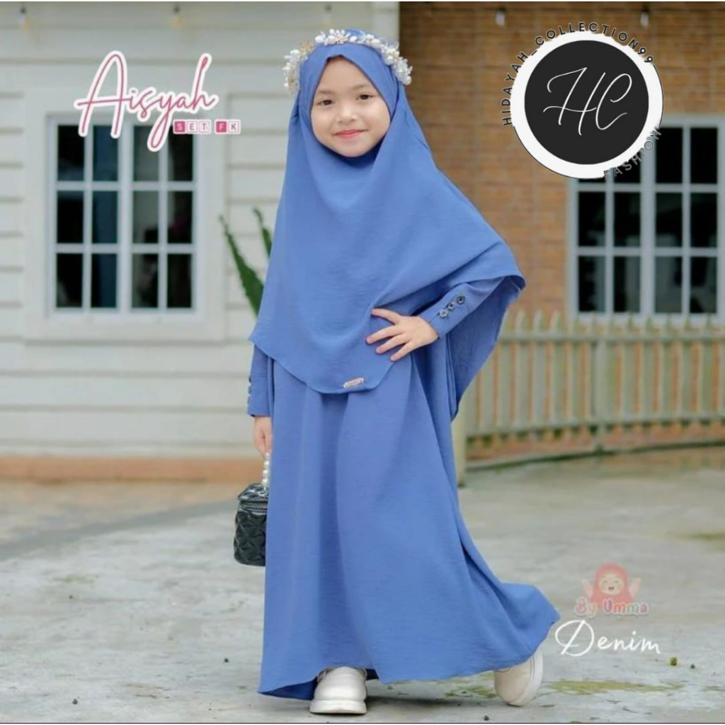 Aisyah Set FK KIDS Gamis Syar'i Anak Polos Umur 6-9 Tahun Terbaru 2023 Gamis Lebaran Baju Fashion Muslim Anak perempuan set Kerudung Gamis Muslimah Anak Gamis Anak Bahan Crinkle Airflow Dress Anak IMUT Tend Kekinian