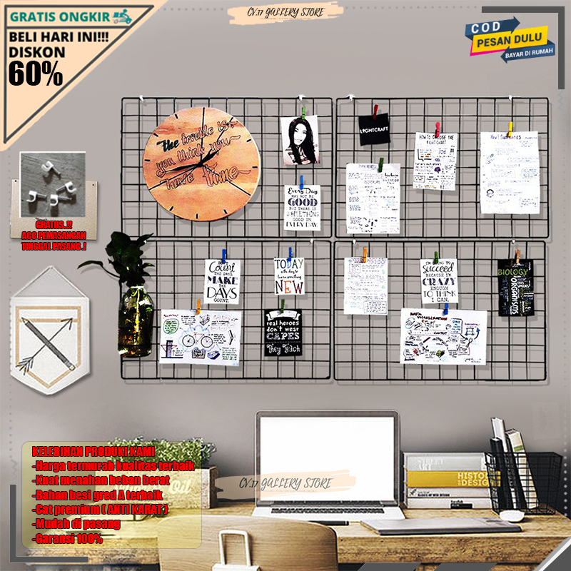 PROMO Hijang 52X35 Hiasan Dinding Gantungan Pajangan Clip Foto Keranjang Besi Ram Wall Grid Black Grid Wire Mesh Notes Rak Gantung Tempat penyimpanan Pajangan Decorasi Dekorasi Dinding Dingding Tempel Ruang Tamu Rumah Kamar Tidur Cowok Minimalis Murah