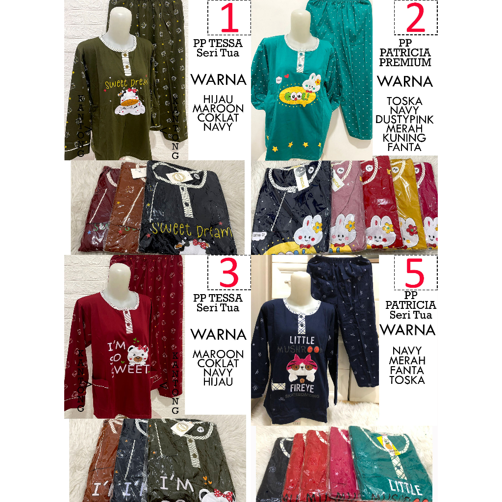 Babydoll PP TESSA / PATRICIA PREMIUM Seri Warna Tua Celana Panjang Lengan Panjang Baju Tidur Piyama 