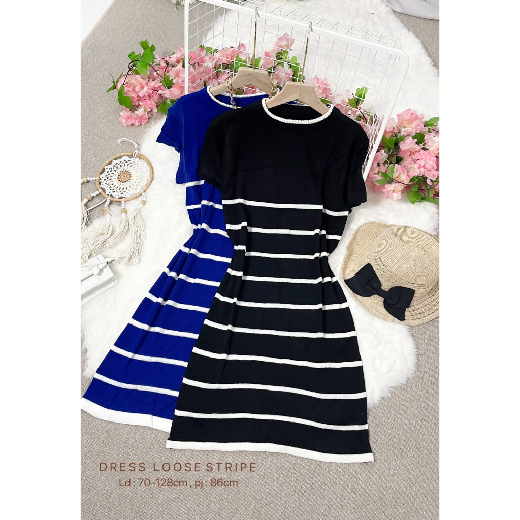 Dress Loose Bahan Rajut Stripe Lengan Pendek / Mini Dress Loose Stripe HOPYLOVY