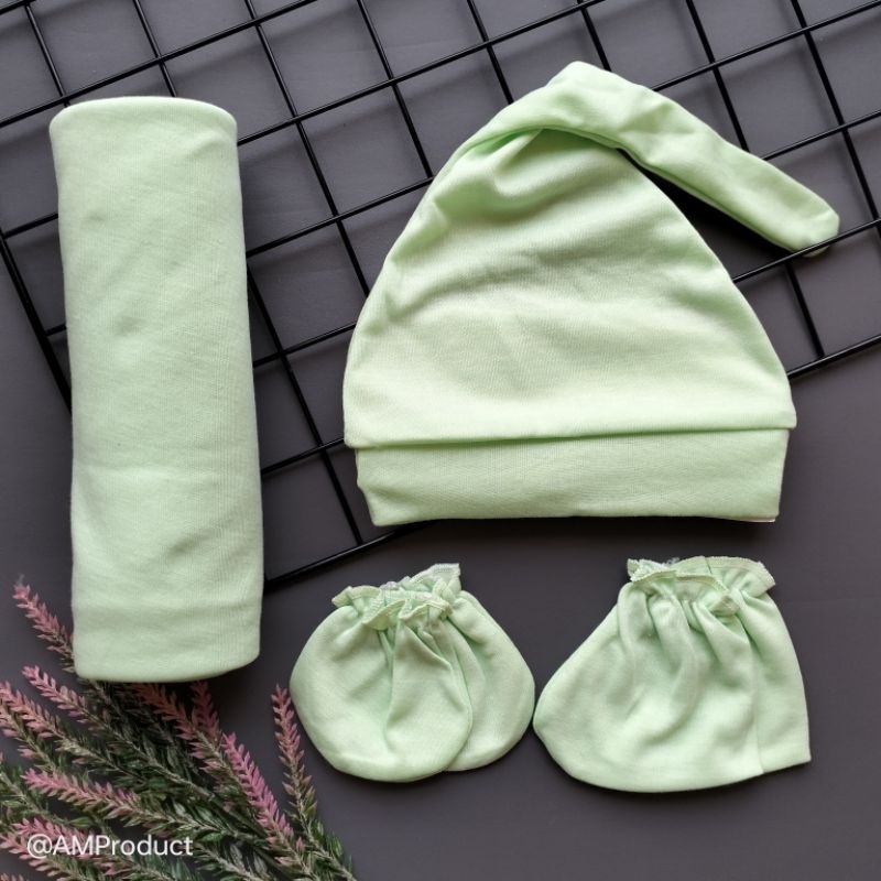 4in1 set bedong topi sarung tangan kaki bayi polos