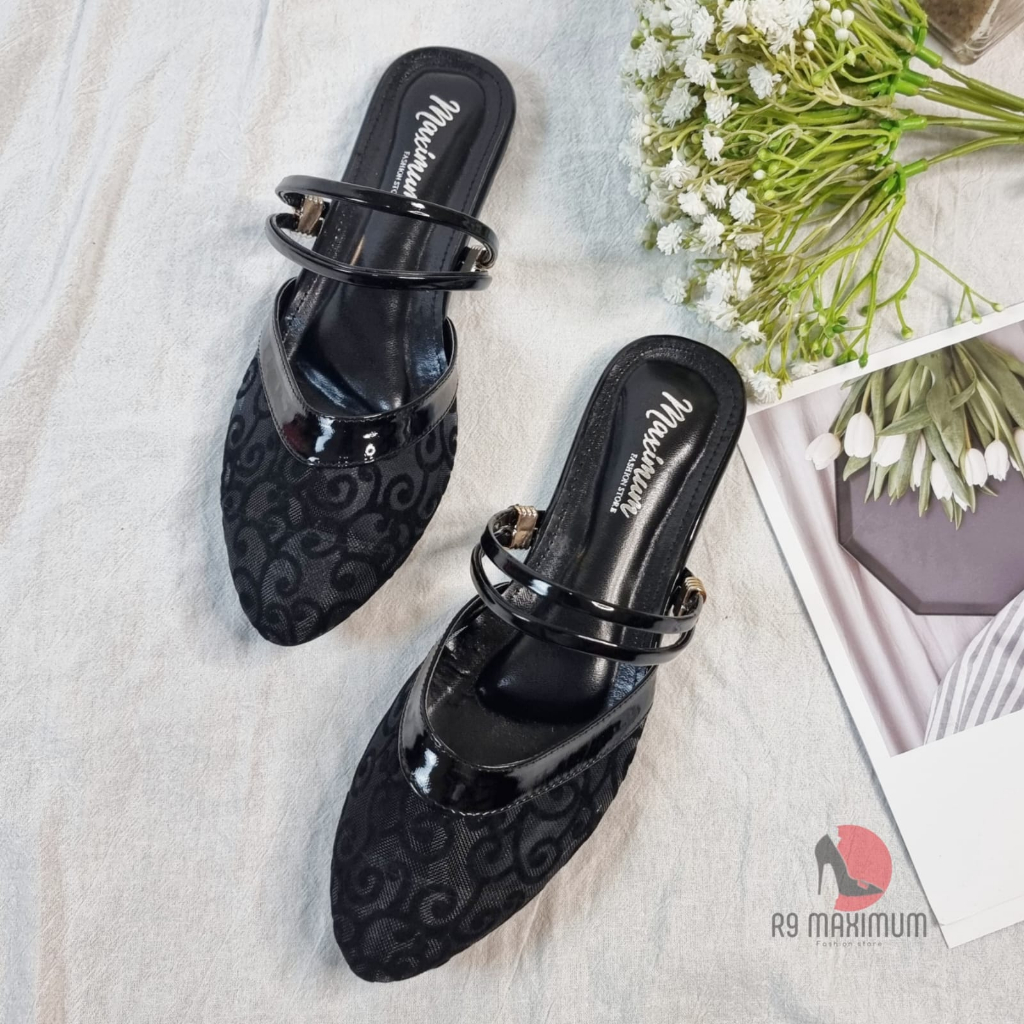 R9 Sepatu Wanita Flatshoes Brukat Sol Karet