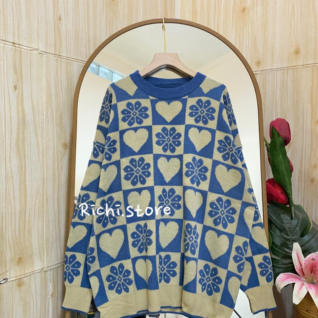 Gisela oversize sweater rajut wanita korean style motif love flower