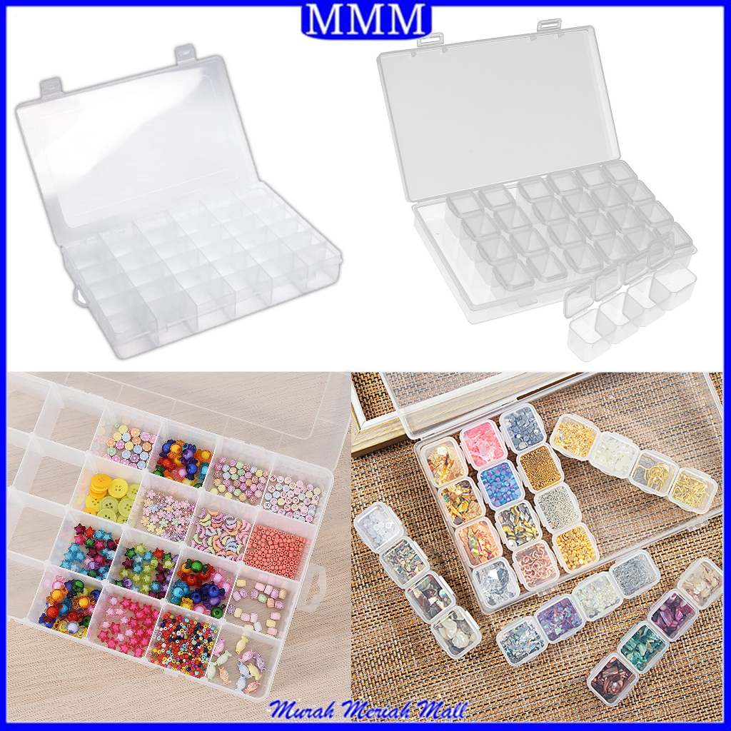 MMM Set Box Penyimpanan Manik Manik Sekat Box Storage 24 Sekat Grid Box 28 Slot Transparant Kotak Tempat Penyimpanan Perhiasan Emas Jewelry Organizer Murah Import