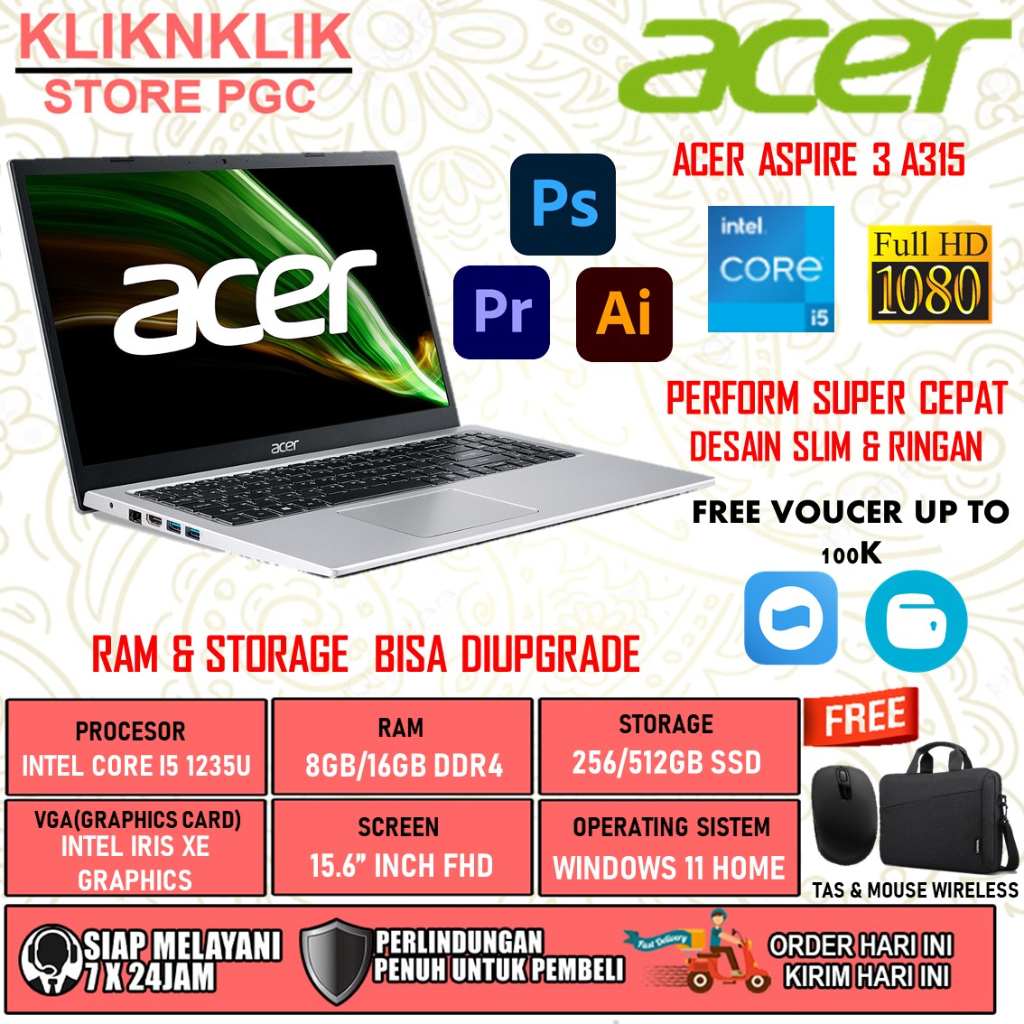 LAPTOP ACER ASPIRE 3 A315 INTEL CORE I5 1235U RAM 8GB 512GB SSD FULL HD WINDOWS 11 HOME SILVER