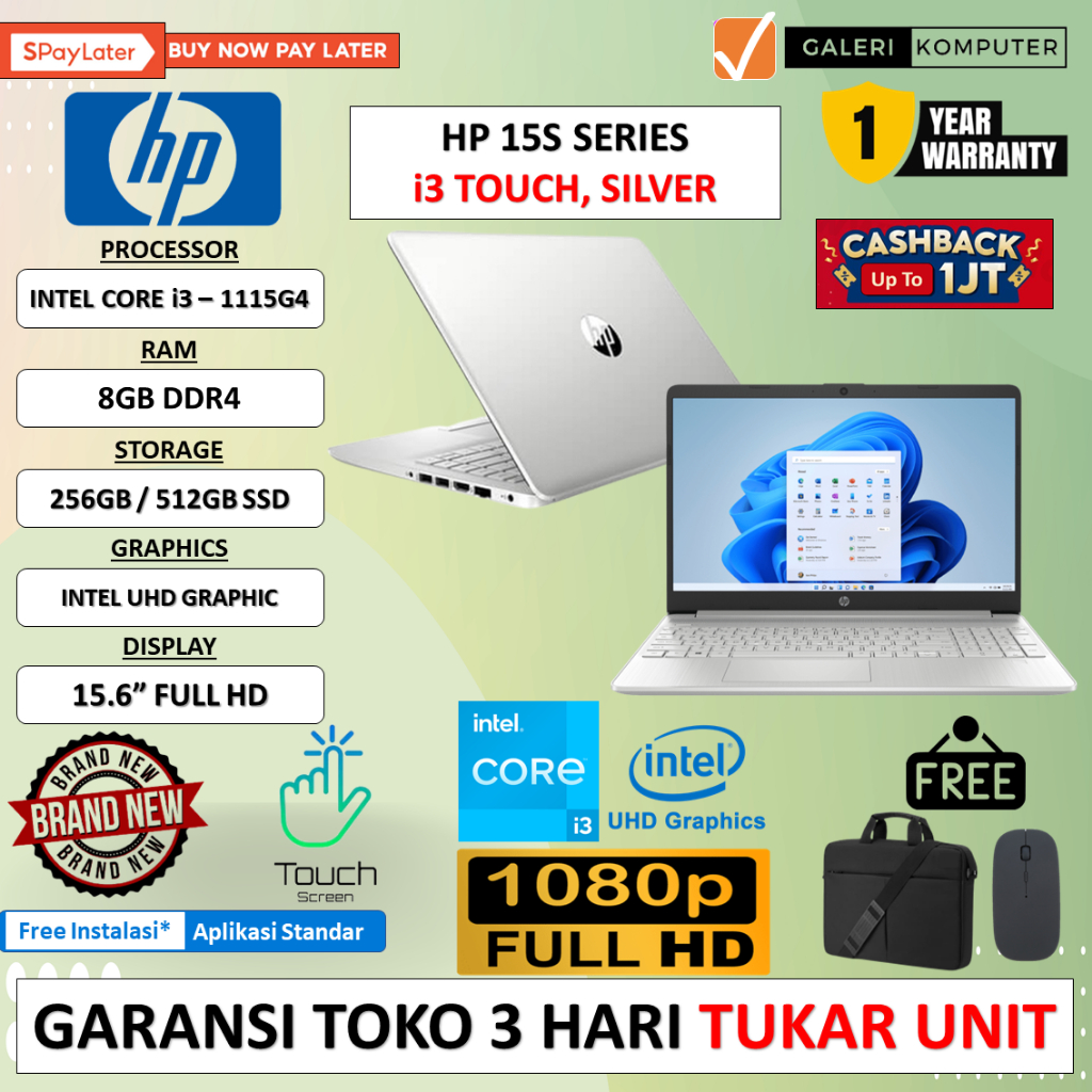 LAPTOP MURAH HP 15 INTEL I3 1115G4 8GB 256GB 15.6 HD TOUCH WINDOWS 11 HOME ORIGINAL