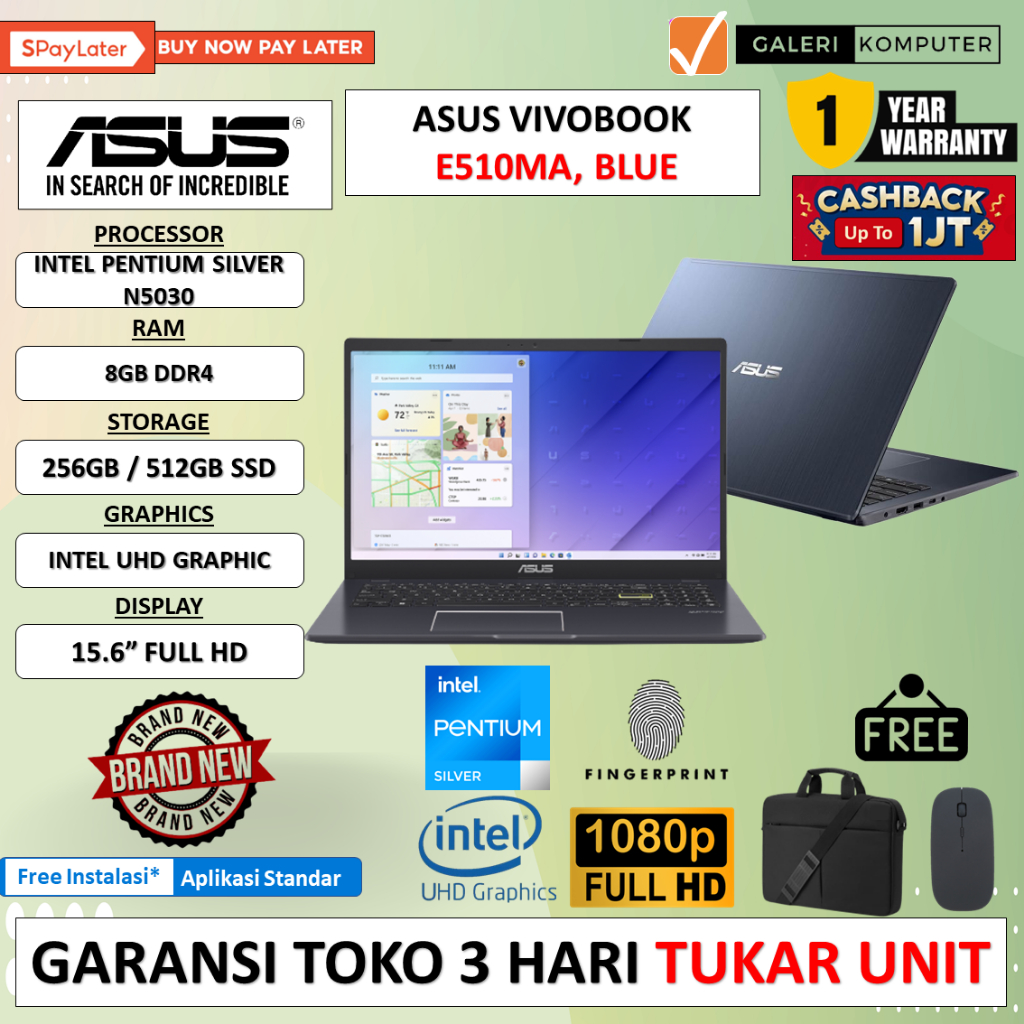 LAPTOP MURAH ASUS VIVOBOOK E510MAO INTEL N4020 8GB 512GB SSD FHD WINDOWS 11 HOME ORIGINAL