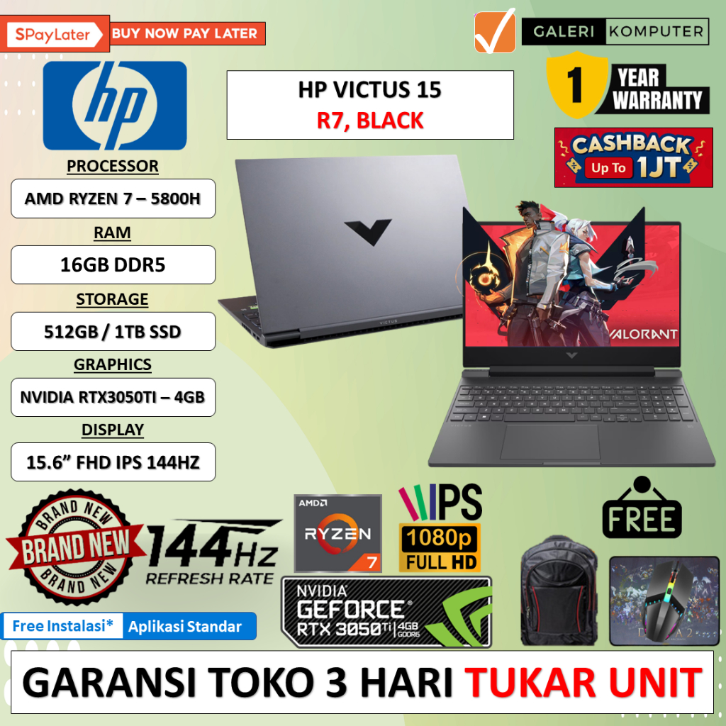 LAPTOP GAMING HP VICTUS 15 AMD RYZEN 7 5800H 16GB 1TB RTX3050TI-4GB 15.6 FHD IPS 144HZ WINDOWS 11 HOME ORIGINAL