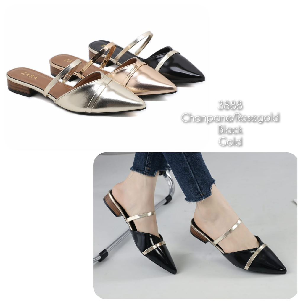Sandal wanita mules lancip kulit glossy import kode 3888