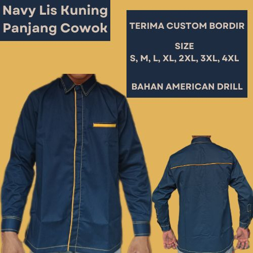 Baju Kemeja Lengan Panjang Pria/Seragam Kerja Kantoran/Baju Navy Lis Kuning Lengan Panjang