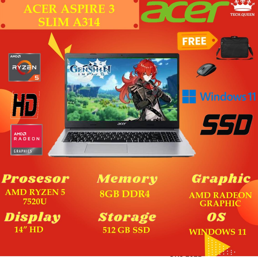 ACER ASPIRE 3 SLIM A314 - RYZEN 5 7520U 8GB 512SSD RADEON 610M WINDOWS 11+OHS 14.0 INCHI SLV