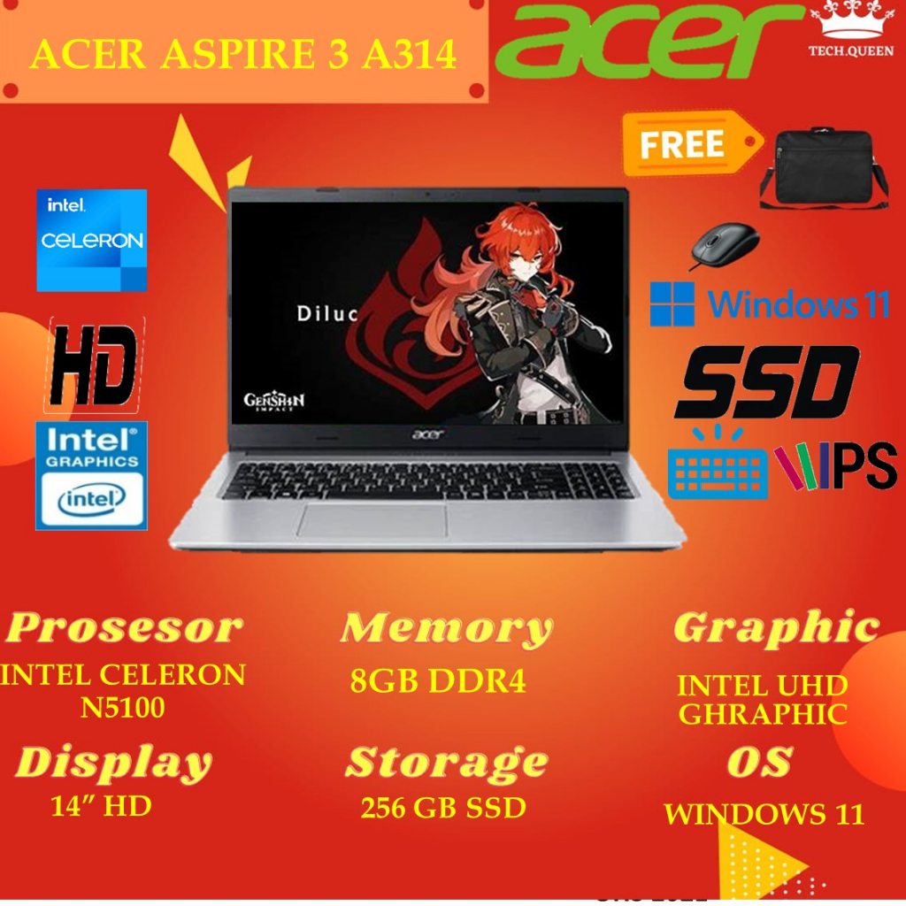ACER ASPIRE 3 A314 - N5100 8GB 256SSD WINDOWS 11+OHS 14.0 INCHI HD SLV