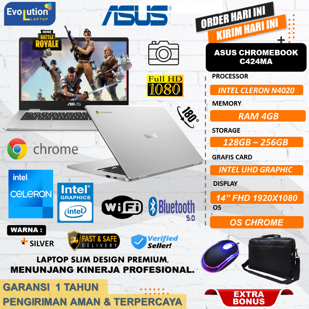 Laptop Murah Baru Asus CHROMEBOOK C424MA INTEL N4020 Ram 4GB 384GB 14&quot; FHD CHROME OS SILVER