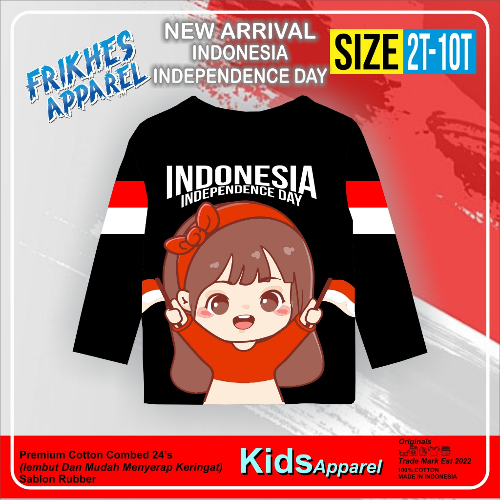 AfsheenaStore Kaos Independence day/kaos kemerdekaan tangan panjang 2-10 Tahun