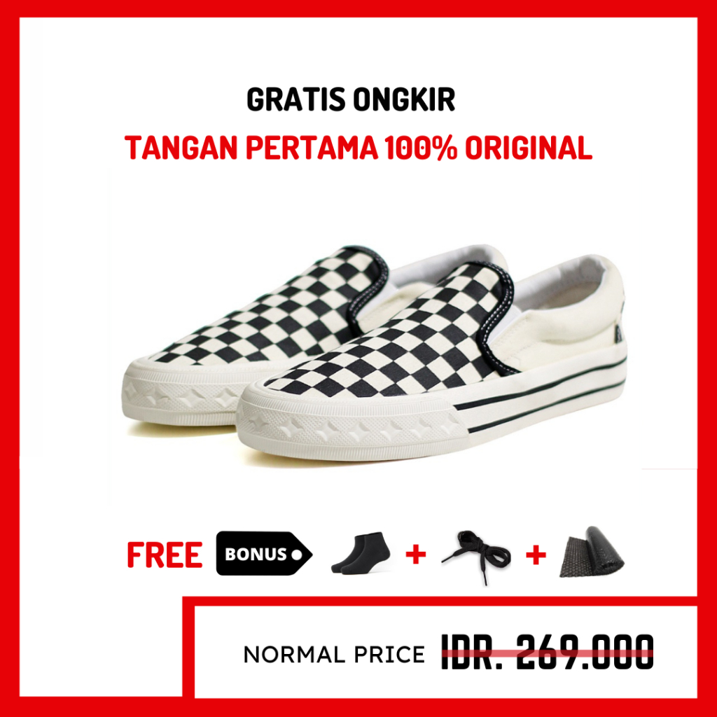 ORIGINAL - Sepatu Brand Lokal Kasual Pria Wanita No Brand Slip On Checkerboard Retro Classic