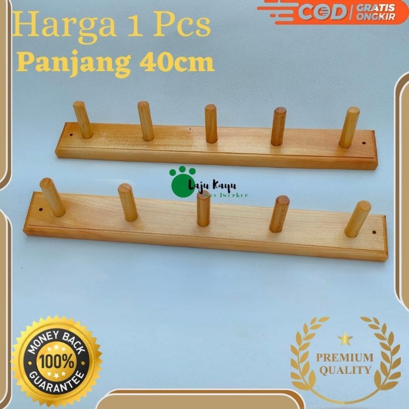 Gantungan Baju Dinding Kayu Tempel Kapstok Hook Kayu / Cantolan Tas Topi Serbaguna Panjang 40cm