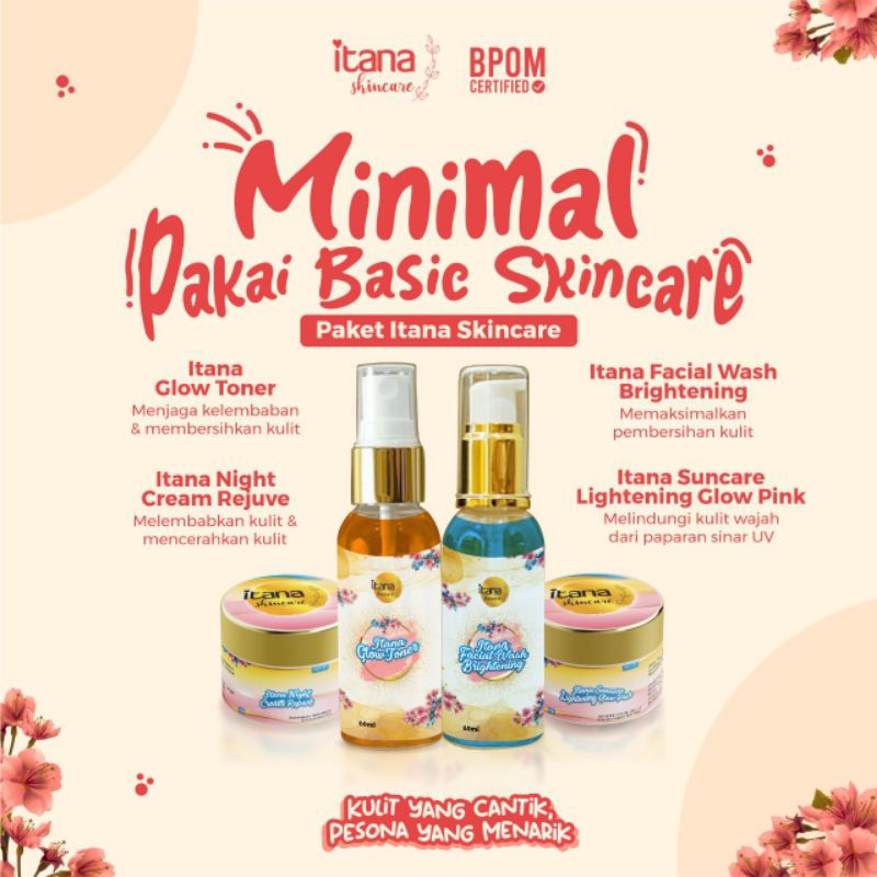 Paket Itana Skincare/suncare glow pink/night cream rejuve/day cream daily glow
