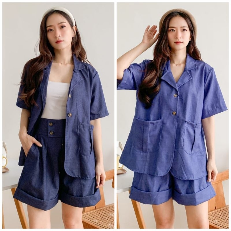 ♡ PREMIUM ♡ ORIGINAL ! PERRY 2 IN 1 DENIM JEANS SET COLLAR BUTTON BLAZER WITH SHORT PANTS