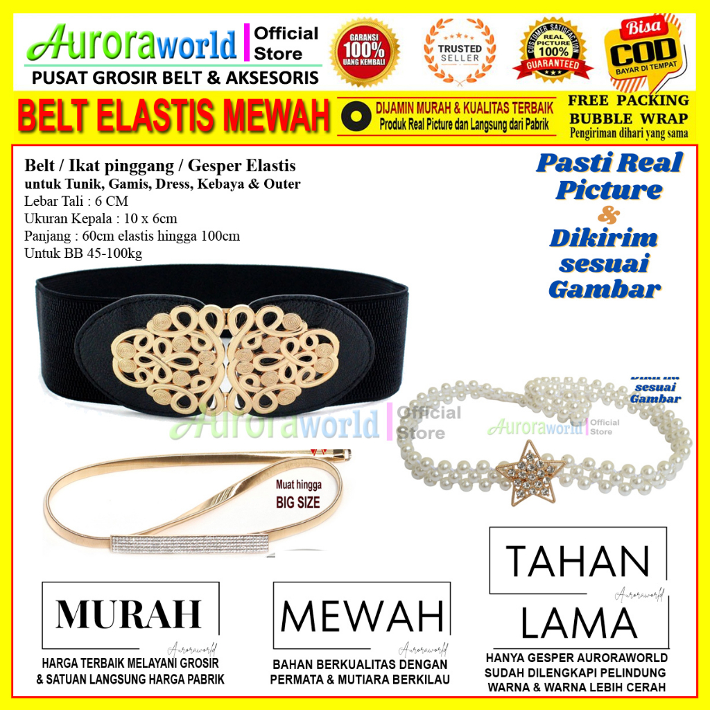 Auroraworld PAKET USAHA ikat pinggang wanita belt elastis wanita obi belt karet gesper kebaya sabuk mewah korea untuk dress tunik gamis