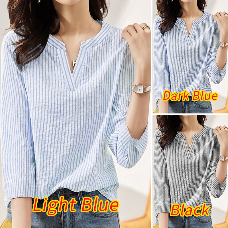 ZANZEA Korean Women Casual Striped Printed V Neck 3/4 Sleeve Blouses