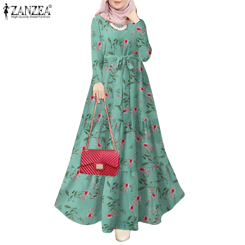 ZANZEA Women Muslim Daily Floral Print Belt Back Button O Neck Dress