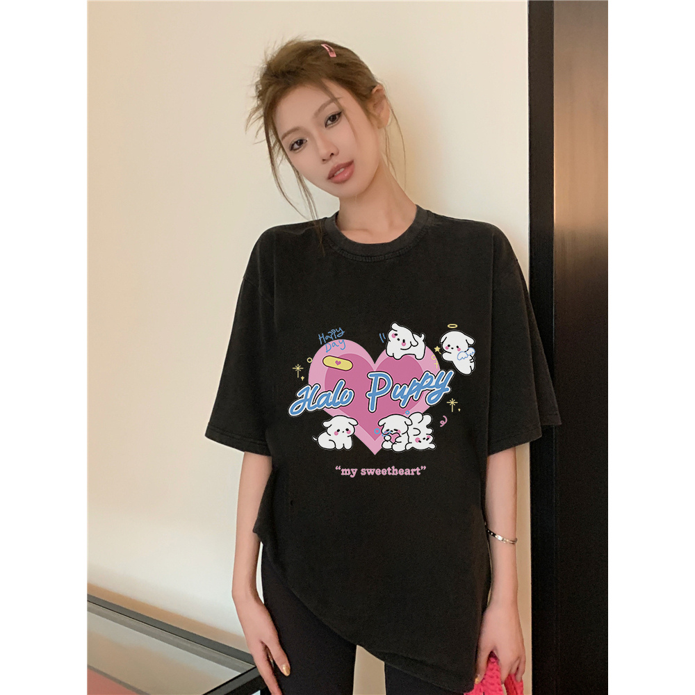 XiaoZhaiNv Kaos Atasan Oversize Wanita Halo Puppy Pattern Lengan Pendek A0633