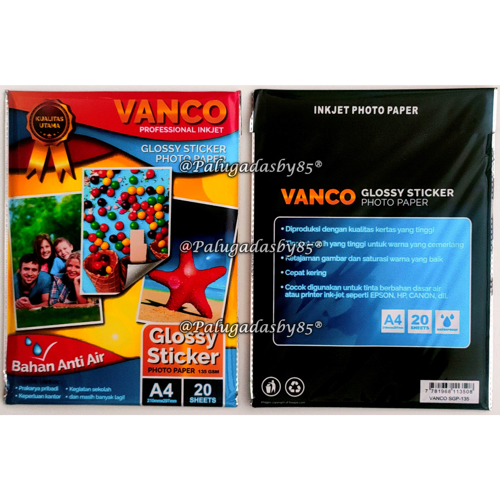 

Kertas Foto Stiker Vanco A4 135 Gram / Glossy Sticker Photo Paper Vanco A4 135 Gsm / Kertas Foto Stiker Murah