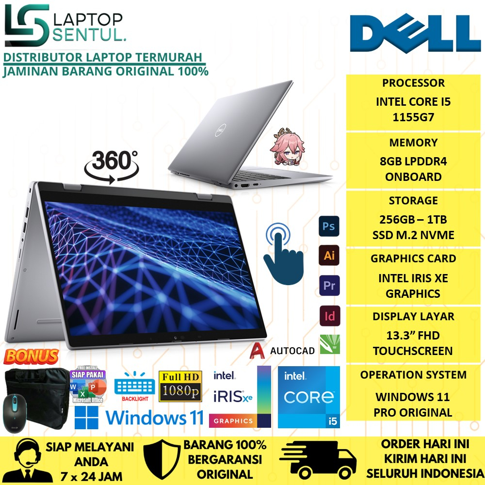 LAPTOP TOUCHSCREEN DELL LATITUDE 14 3330 INTEL CORE I5 1155G7 RAM 8GB SSD 512GB FHD IRIS XE WINDOWS 11 PRO ORIGINAL