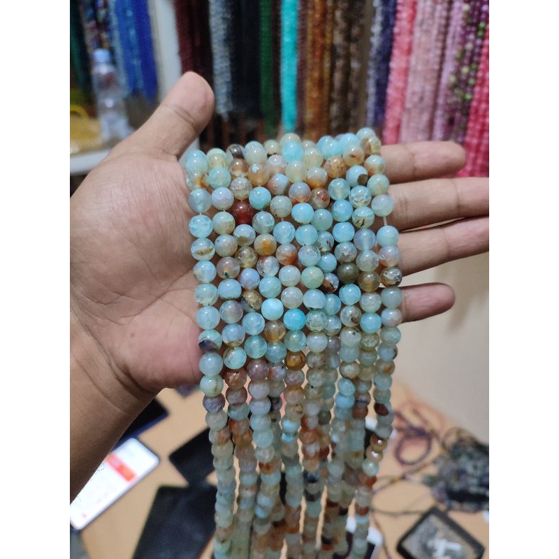 Manik Batu Alam Biru Aquamarine Serat 4-12mm Bahan Gelang Diy