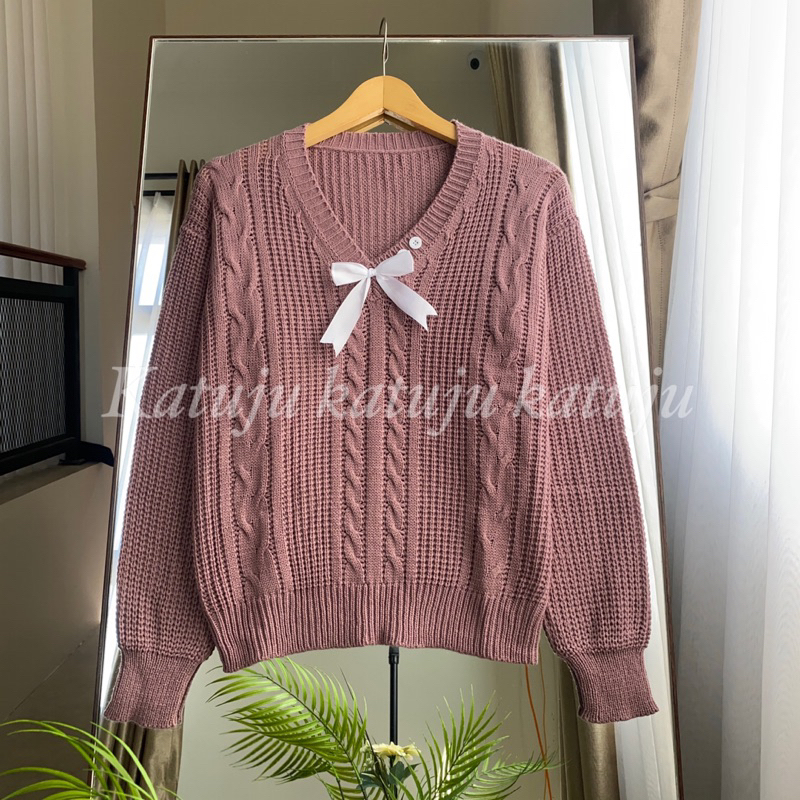 Blouse rajut kerah V neck pita Frisly