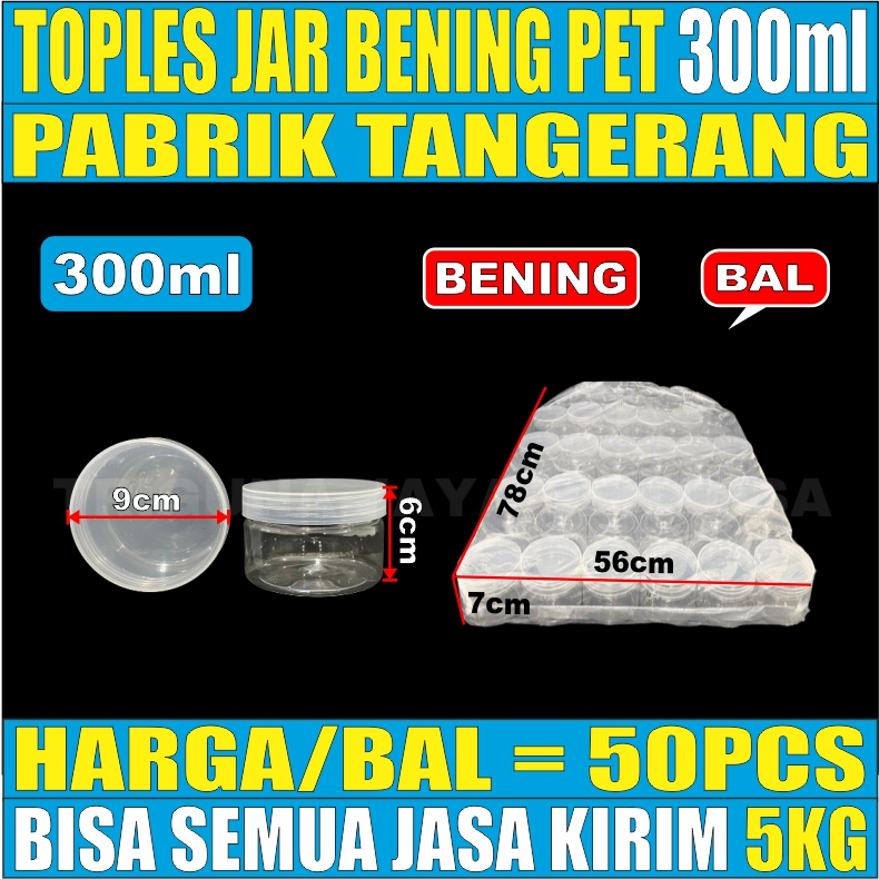 Toples Plastik Jar Silinder Bening Pet 300ml Per Bal Bisa Semua Jasa Kirim