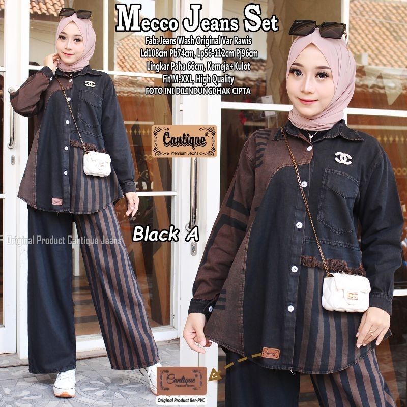 Mecco A One Set Setelan Celana Kulot Tunik Jeans Hitam Motif Salur Garis Ld 108 Jumbo Fit XXL By Can