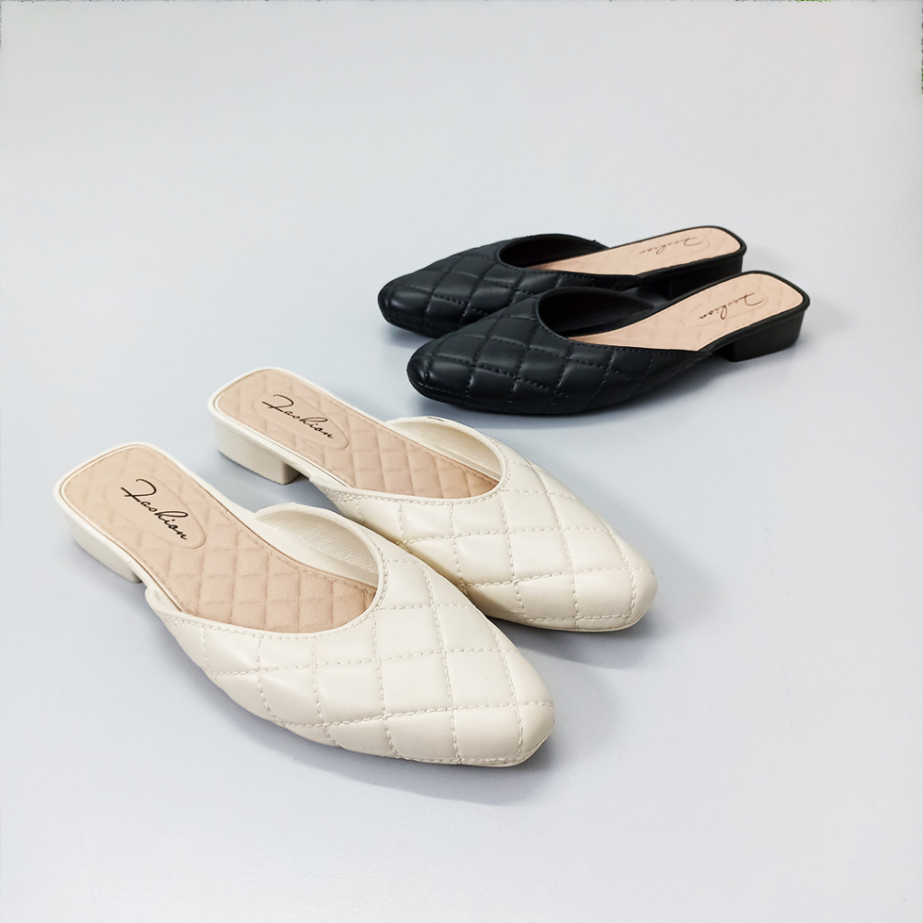 Sepatu Sandal Slop Wanita Motif Garis Kotak Style Korea Kasual Flat Shoes Women Satu7an SPT-65