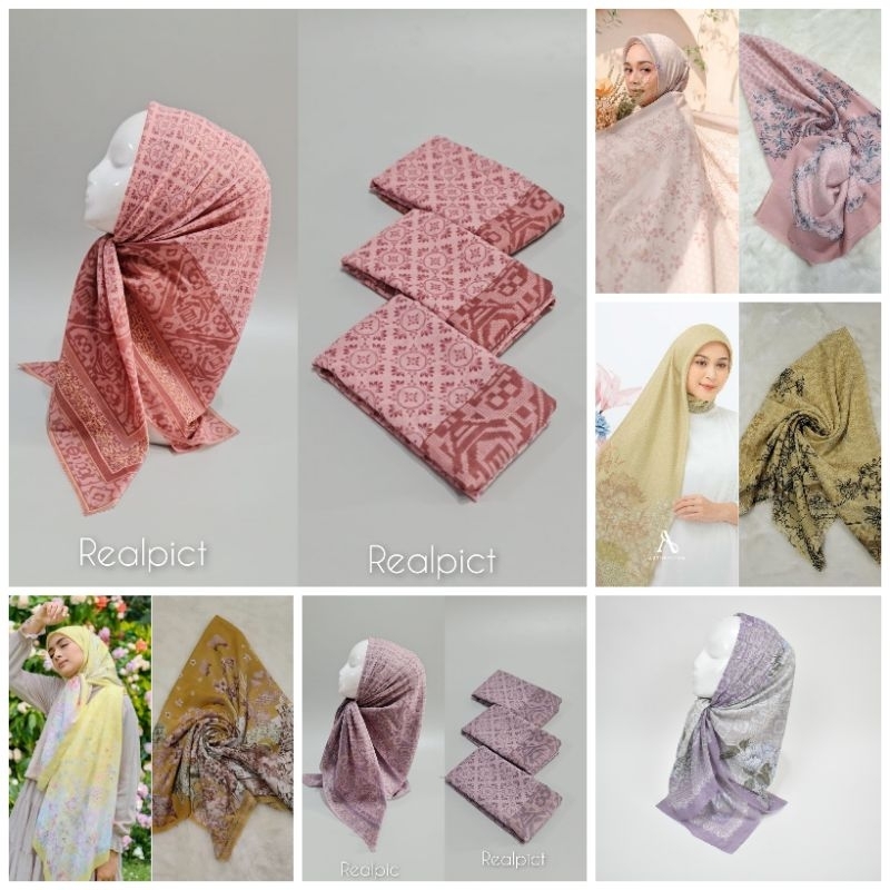 HIJAB SEGI EMPAT VOAL MOTIF WARNA KUNING PINK UNGU