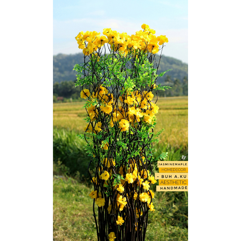 Perlengkapan Rumah Bunga Dekorasi 10 Btg Bambu Ulir Hitam Anyelir Kuning 170cm (Tanpa Pot)