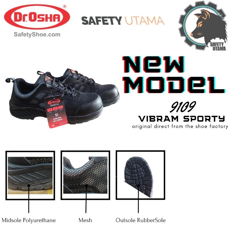PO (PreOrder) Sepatu Safety Shoes NEW MODEL DR. OSHA 9109 VIBRAM SPORTY OUTSOLE BLACK ORIGINAL