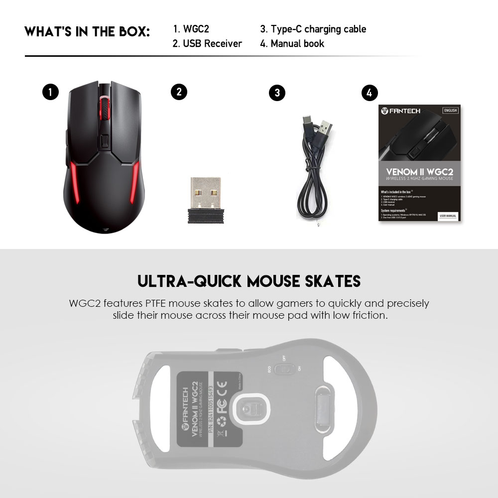 Mouse Gaming Wireless Rechargeable Fantech VENOM II WGC2 Venom-II WGC-2 WGC 2 Wireless Gaming Mouse