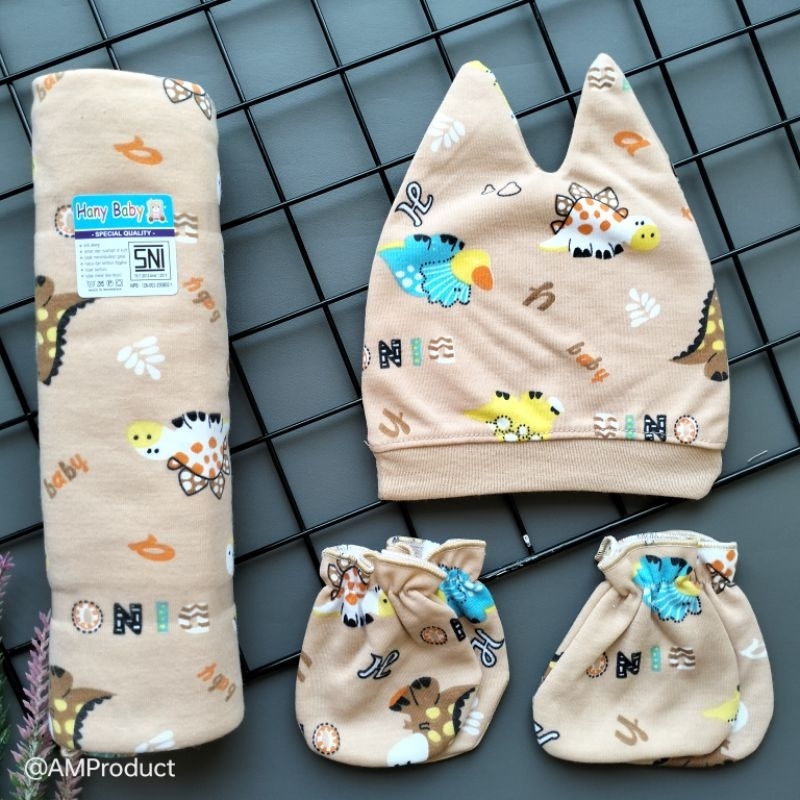 4in1 set bedong + sarung tangan + sarung kaki + topi kupluk bayi newborn printing