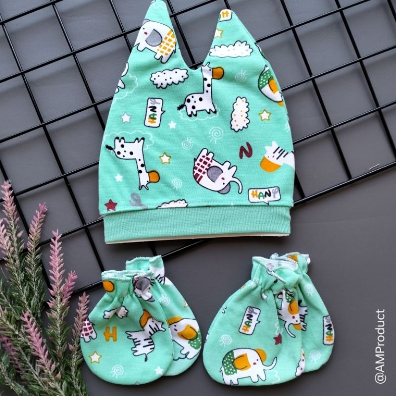 set topi sarung tangan kaki bayi printing