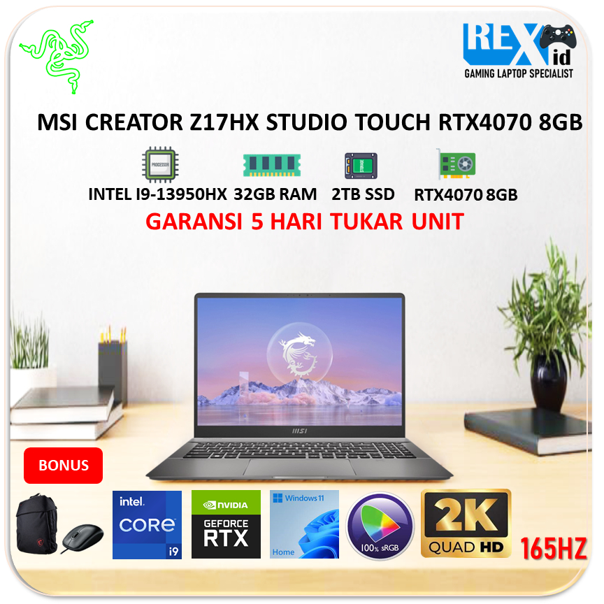 MSI CREATOR Z17HX STUDIO TOUCH RTX4070 8GB (i9 13950hx 32gb 2TBssd W11 17.0inch QHD+ 165hz 100SRGB PKRGB)
