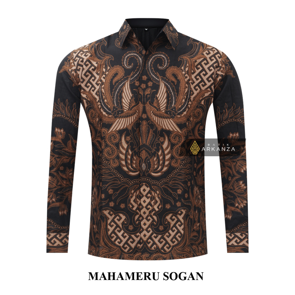 BATIK ARKANZA Motif MAHAMERU SOGAN Hem Atasan Kemeja Baju Batik Premium Pria Cowok Laki Laki Slimfit Full Lapis Furing Tangan Lengan Panjang Lengan Pendek Original Asli Solo Laweyan