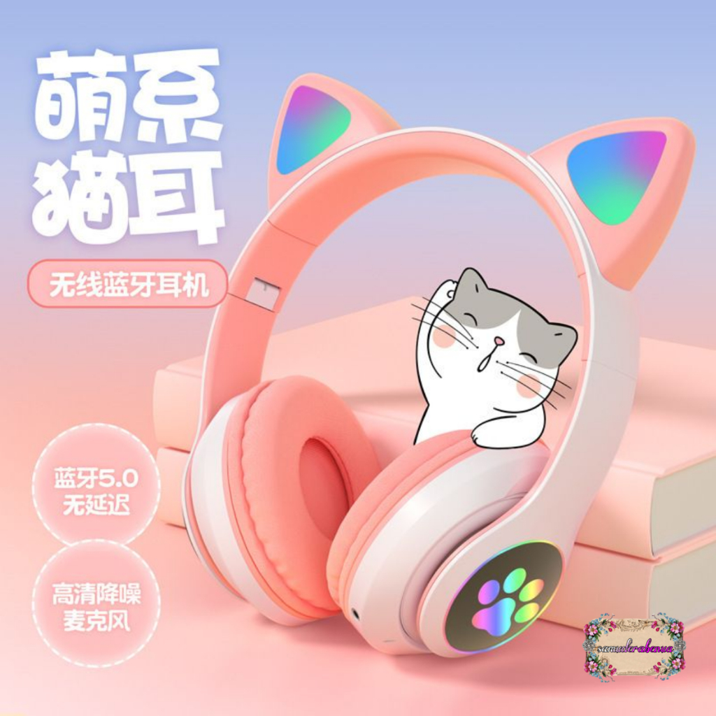 Hf bando headphone B39 STN28 Kucing Karakter LED Color Headset Gaming Bluetooth Wireless Game Headset Cat Ear LED Bando anak Perempuan Cewek Wanita Headset Led RGB Headset Komputer Headphone Laptop SB5719